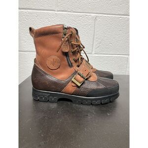 Ralph Lauren Boots 7.5B Quanita Brown Leather Lace Up Combat Boots Zipper Buckle